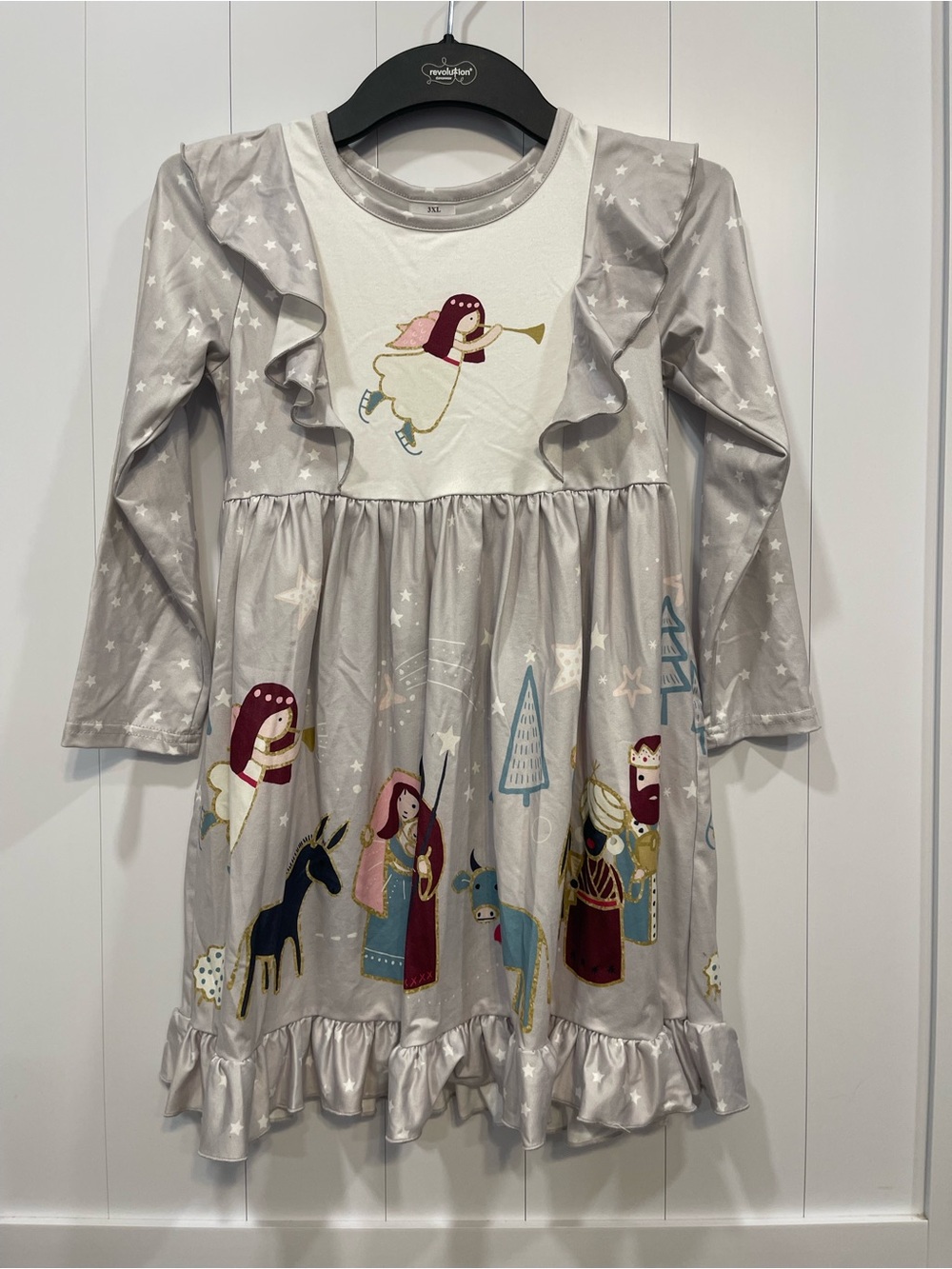 Marie Nicole Girls' Light Gray Starry Angel Print Long-Sleeve Dress 3xl like a 7